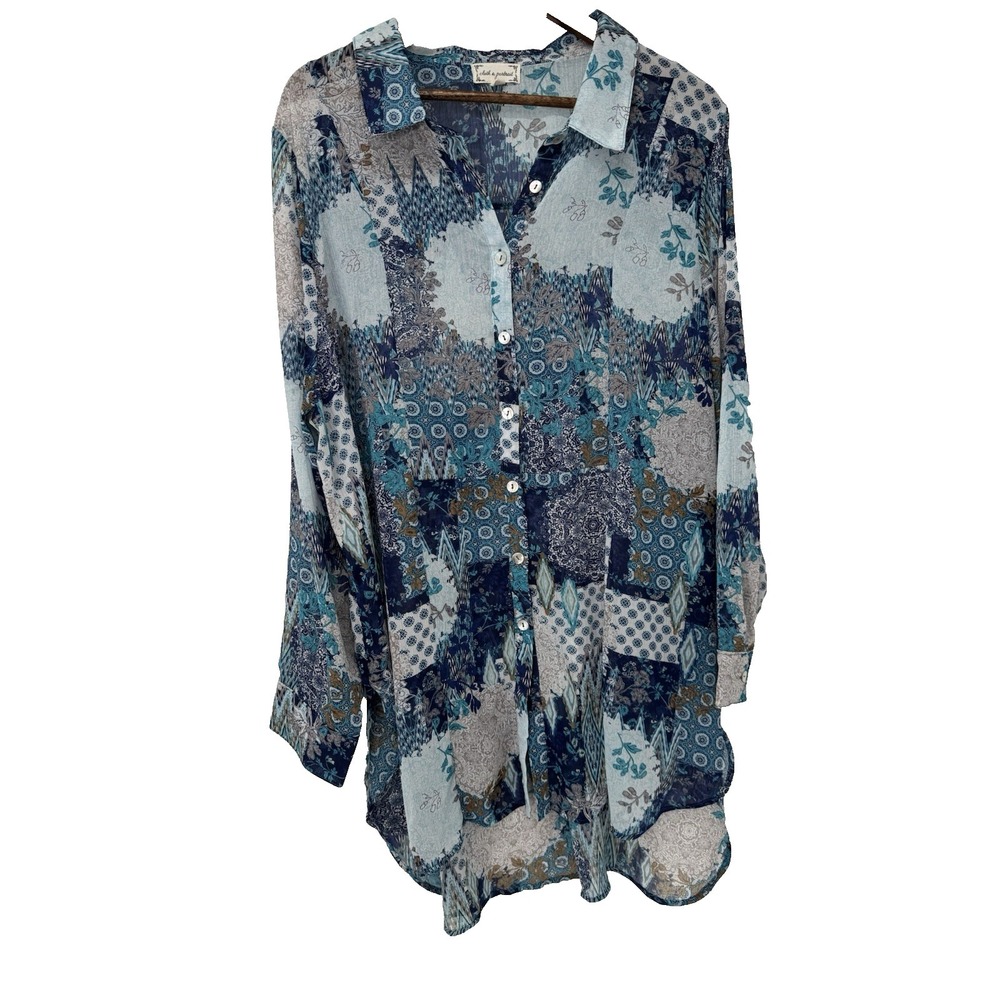 Cloth & Portrait Sheer Longsleeve Blouse Blue patchwork Button Up cottage beachy